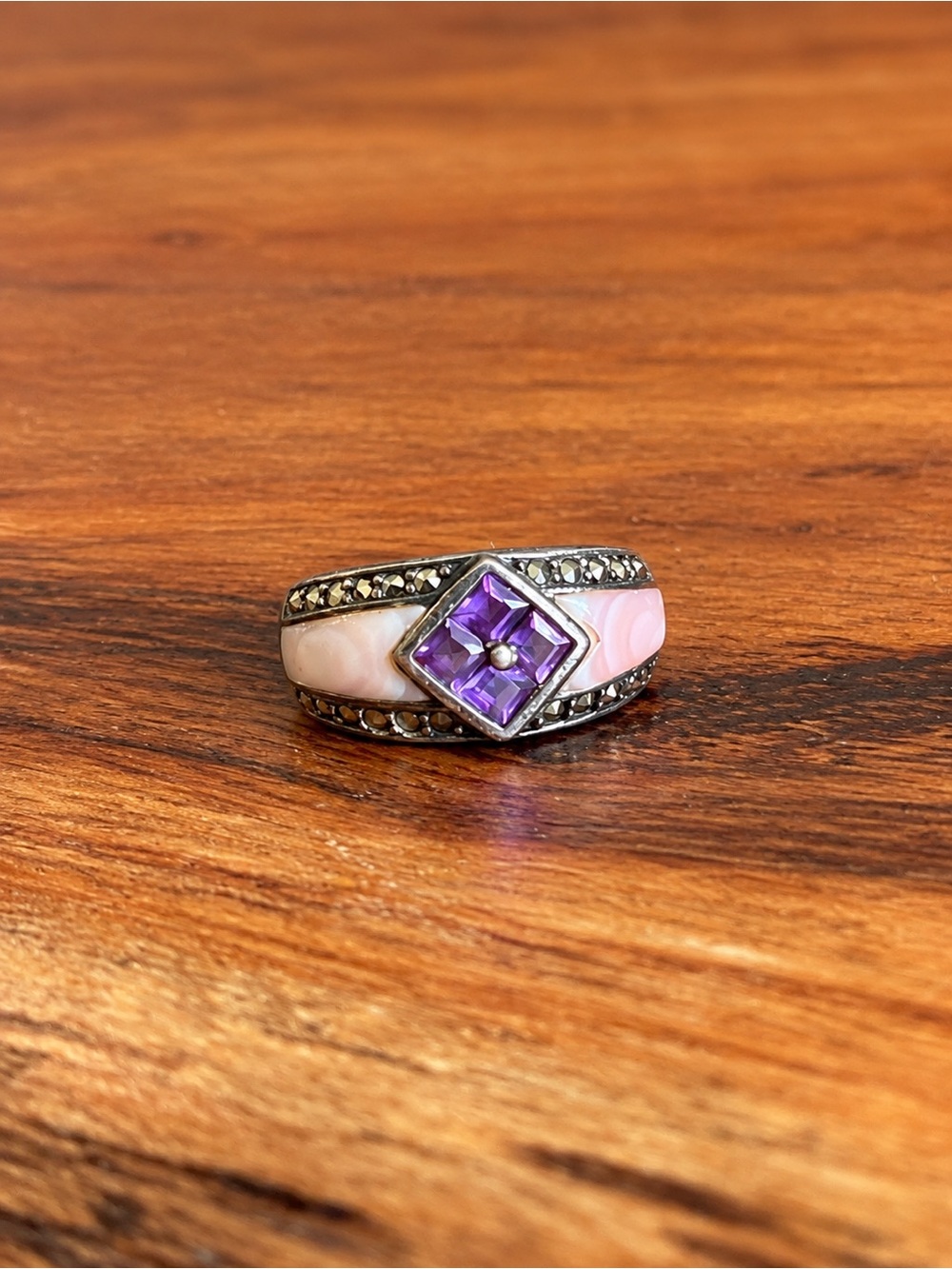 Vintage NF 925 Thailand Sterling Silver Amethyst MOP Marcasite Ring 6.5